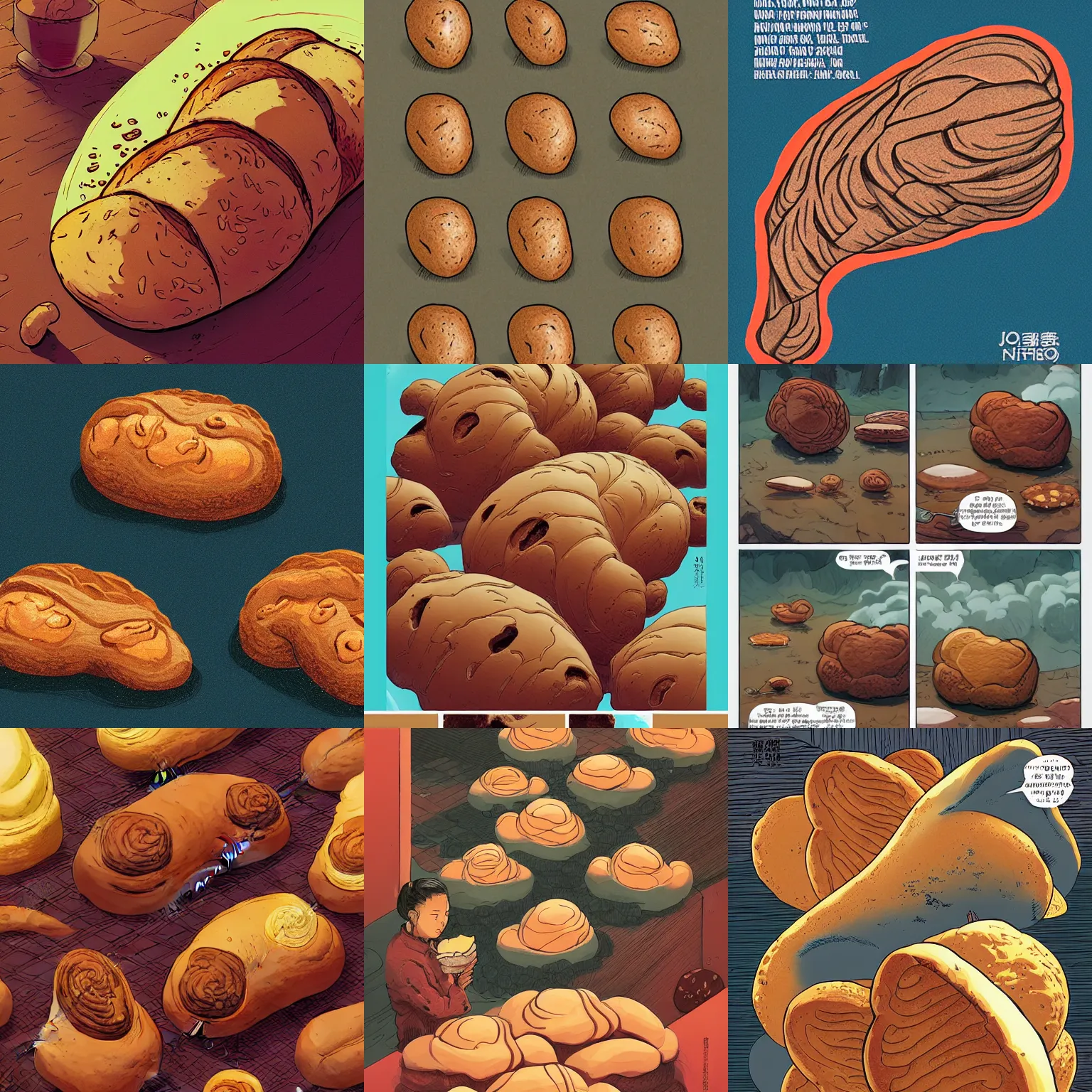 Prompt: bread that looks like poop, by feng zhu, loish, laurie greasley, victo ngai, andreas rocha, john harris