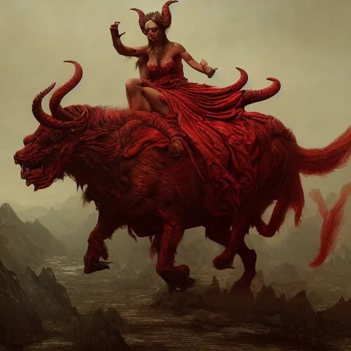 Image similar to a masterpiece! matte painting portrait of a scarlet - colored beast with seven ( 7 ) heads and ten ( 1 0 ) horns by gustave dore and stephen hickman and allen williams, trending on artstation, cgsociety, 8 k hd, earthtone colors, a cloaked woman riding the back of the beast