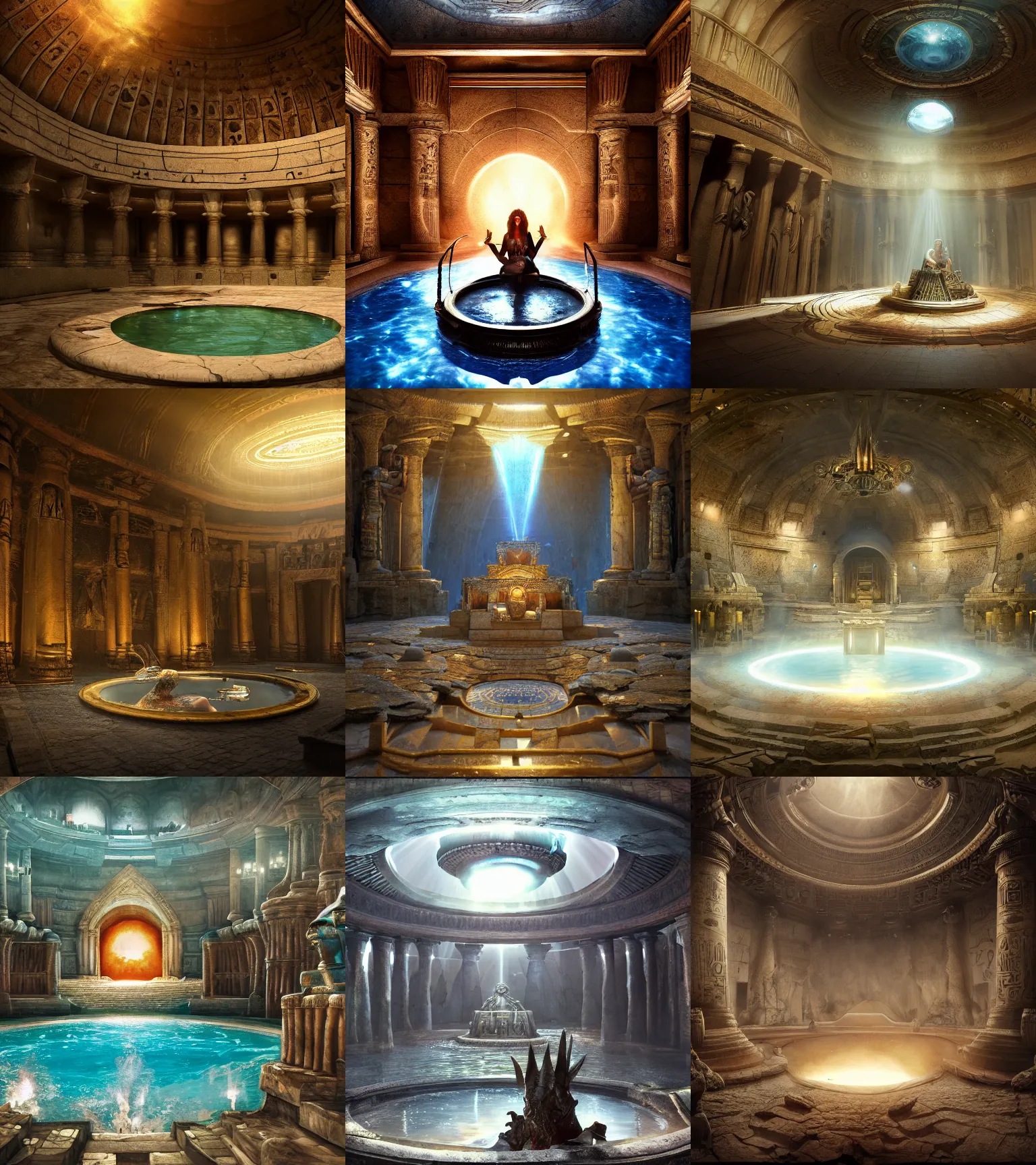 Prompt: fantasy movie scene raymond swanland detailed digital art of an ornate and royal egyptian antechamber tomb, a circular pool with an erupting galaxy inside, sharp sunray lighting, unreal engine, hyper realism, realistic shading, cinematic composition, blender render, octane render, hdr, detailed textures, photorealistic, ultrawide shot, 3 5 mm film