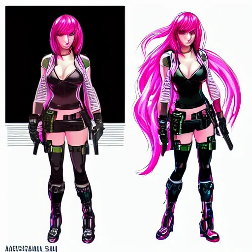 Prompt: concept art illustration of young japanese christina hendricks natalie portman as lara croft motoko kusanagi anime protagonist, pink hair, wearing tokyo harajuku street fashion, combat warrior fantasy bikini, intricate, elegant, art by artgerm and rosstran, masamune shirow