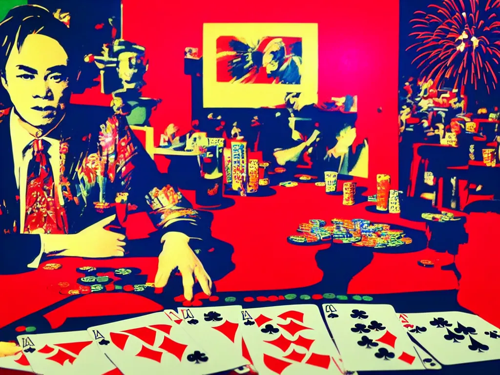 Prompt: hyper - realistic composition of a room with an extremely detailed poker table, croupier in traditional japanese kimono standing nearby fireworks in the background, pop art style, jackie tsai style, andy warhol style, acrylic on canvas