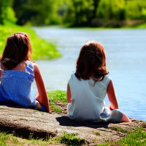 Prompt: Two sisters sitting on the bank, relaxing on a sunny day photograph, hyper-realistic, clear day, 8k resolution, maximum detail