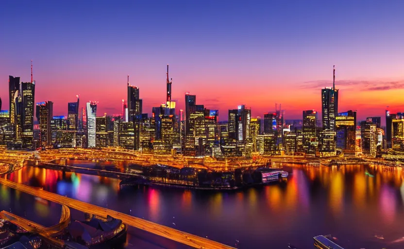 Image similar to frankfurt skyline at sunset, highly detailed, 8 k