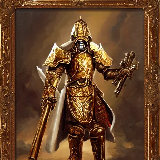 Image similar to man in white and decorated with gold doom slayer baroque style armor with kingdom of jerusalem and templar knight insignia oil painting