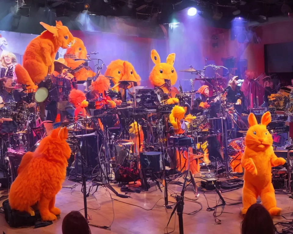 Image similar to an animatronic band composed of an orange rabbit, a red cat, and a blue sheep. the band is performing on stage at a family entertainment center. the center is brightly lit and there are families watching and enjoying the show.