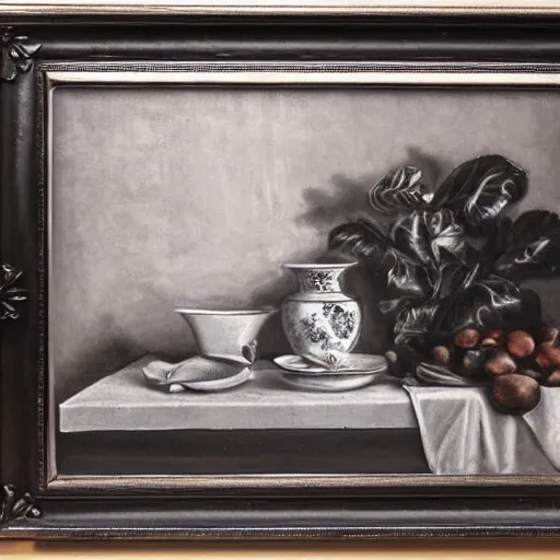 Image similar to a black and white nature morte painting in a bright red frame