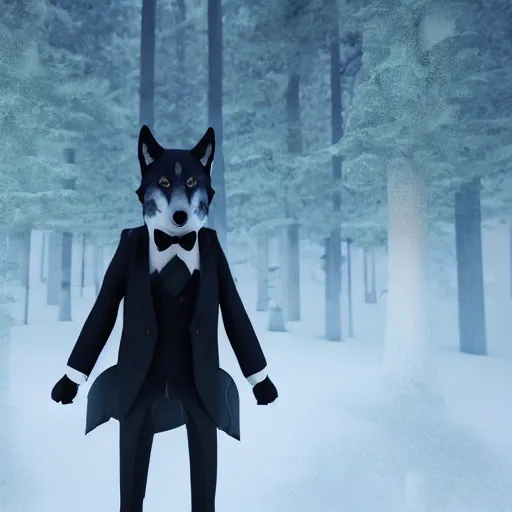 Image similar to 3 d render of a wolf as a gentleman wearing tuxedo in magical forest, smooth render, unreal engine 5, wet reflections, studio lighting, cinematic perspective, full hd