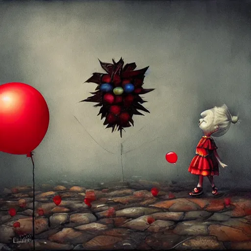 Image similar to grunge cartoon landscape painting of bilie eilish with a wide smile and a red balloon by - michal karcz, loony toons style, pennywise style, horror theme, detailed, elegant, intricate