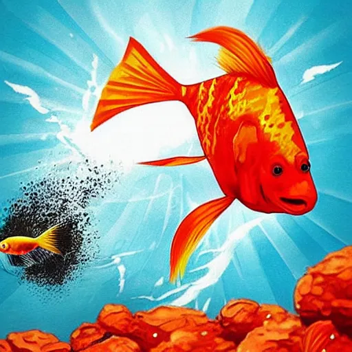 Image similar to “ a goldfish man superhero fighting an oil baron on a yacht. ”