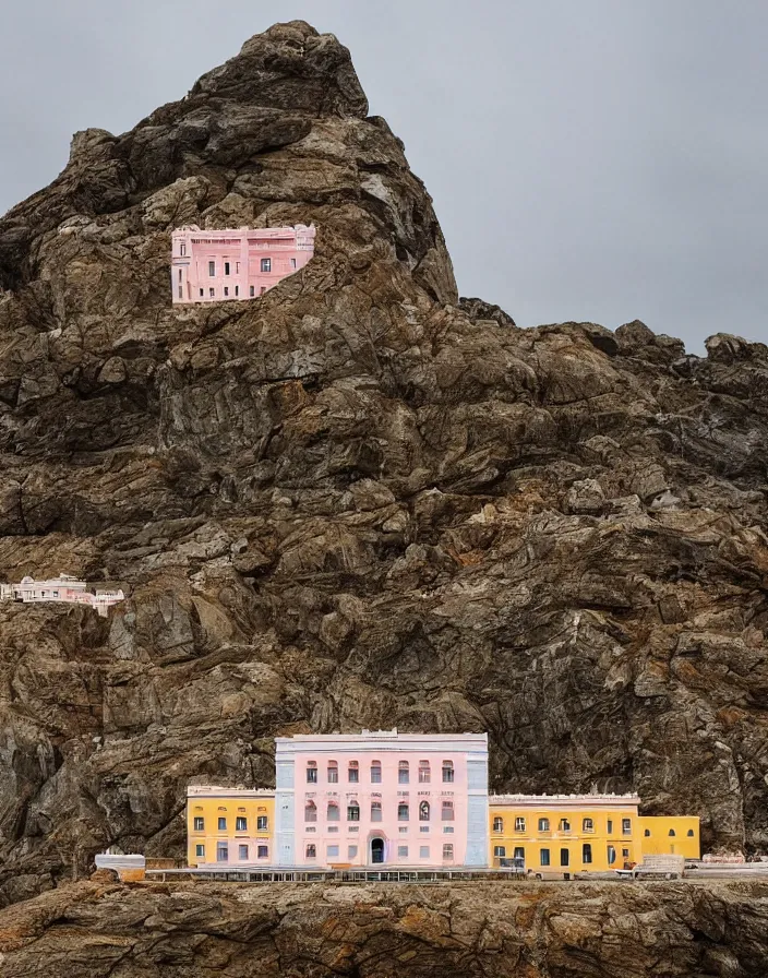 Image similar to a building in a stunning landscape by Wes Anderson