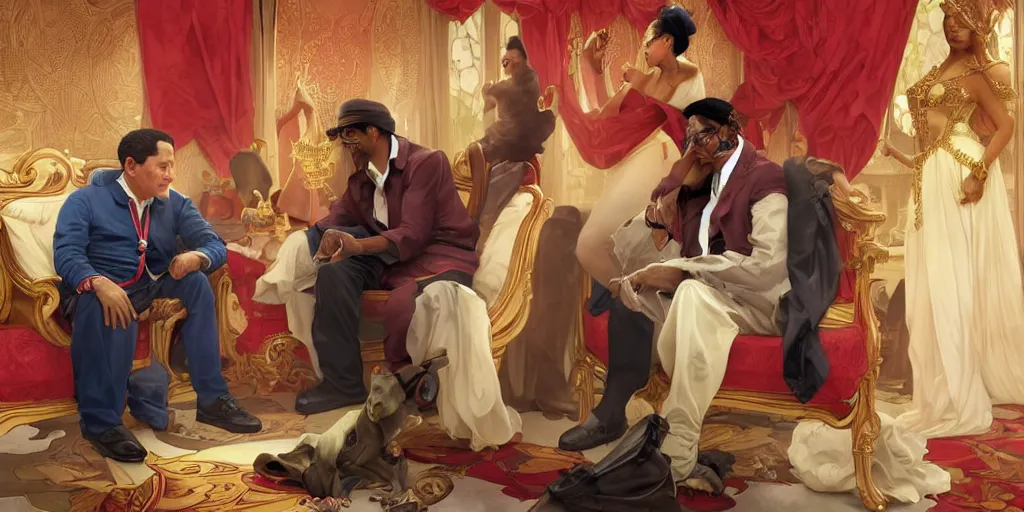 Image similar to hugo chavez and snoop dog inside a private jet, smoking, intricate, elegant, highly detailed, digital painting, artstation, concept art, smooth, sharp focus, illustration, art by artgerm and greg rutkowski and alphonse mucha and william - adolphe bouguereau