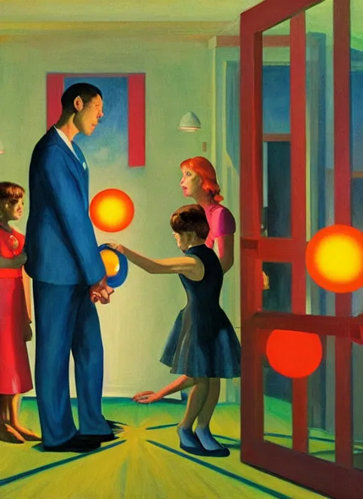 Image similar to painting of a costumed family being shown how to open portals by a large glowing alien in their suburban living room maze, designed by gucci, energetic glowing orbs in the air, in the style of edward hopper and james jean