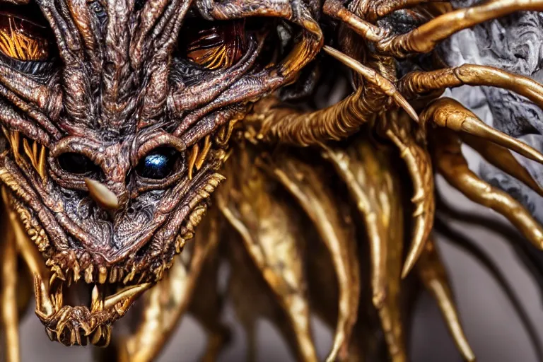 Image similar to photo taken of an epic intricate, ultra detailed, super realistic sculpture of a nightmarish hellish demonic creature on display in a workshop, created by weta workshop, zoomed in shots, photorealistic, sharp focus, f 0. 4, face centred, macro photography, golden ratio, golden hour