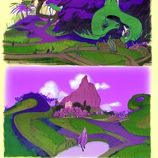 Image similar to The Purple People Eater :: extremely detailed landscape, Pixar, concept art by Don Bluth :: a masterpiece by Alan Davis ::