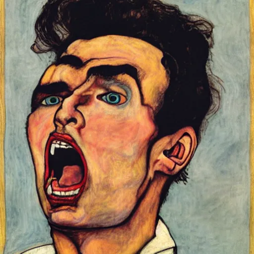 Image similar to morrissey yelling, by egon schiele