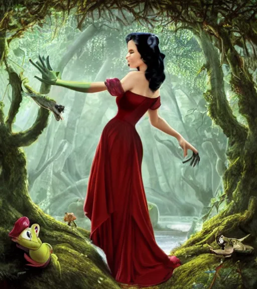 Image similar to film still of Monica Bellucci as snow white in a forest by a pond with frogs, by artgerm, makoto sinkai, magali villeneuve, Gil Elvgren, Earl Moran,Enoch Bolles, symmetrical,