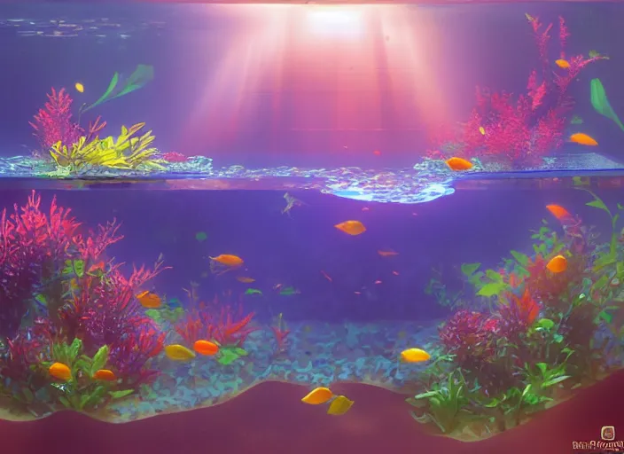 Image similar to ember tetra planted aquarium, placid morning rays, adorable planted cute cluttered aquarium with little fishies, trending on pixiv,