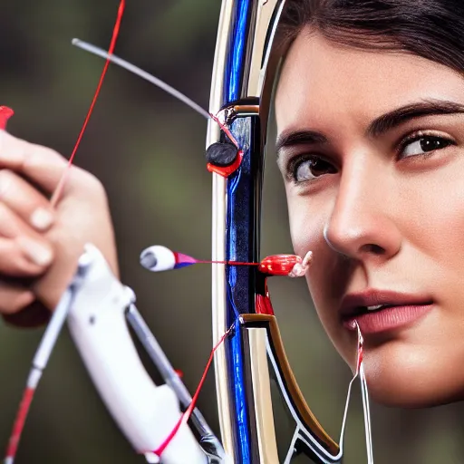 Image similar to photo realistic, consistent and highly detailed face, a attractive sports woman in archery, uhd 8 k, highly detailed