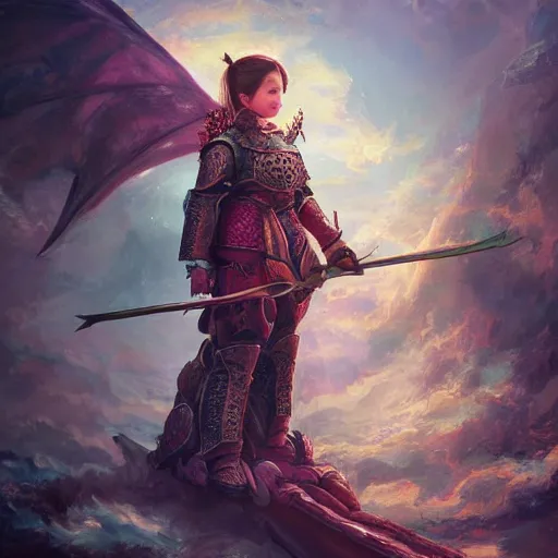 Image similar to breathtaking detailed concept art painting of young girl in armor standing on the back of a dragon, orthodox saint ornate background, by hsiao - ron cheng, very bright lights, 8 k