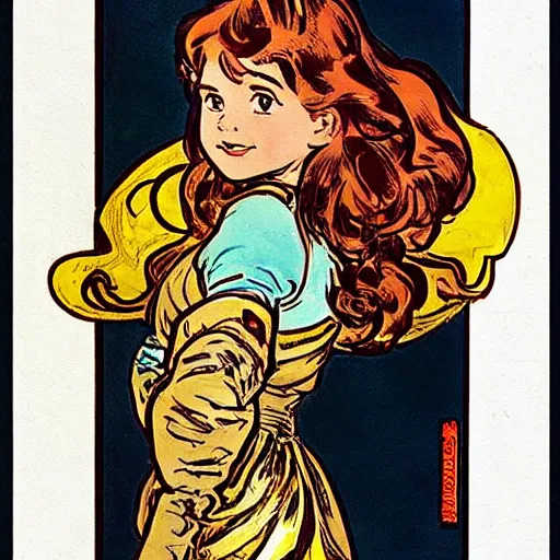 Image similar to a little girl with a mischievous face and short wavy curly brown hair. she is dressed as a knight. well composed, clean elegant painting, beautiful detailed face. comic book art by steve ditko and jack kirby and alphonse mucha