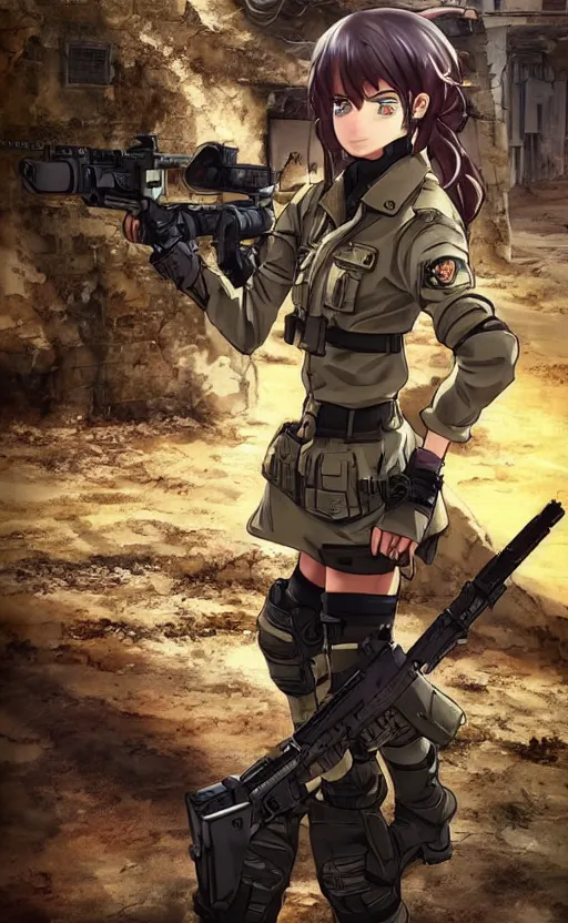 Prompt: portrait of a female soldier, highly detailed, high resolution, city ruins in the background, anime videogame style, stunning, girls frontline style, bokeh soft, 3d rendering, guilty gear strive graphics, 100mm, trending on instagram, by professional 3d artist, realistic human anatomy, realistic military carrier, modern warfare, realistic weapon, shot with a arriflex 35 ii, low saturation, small eyes