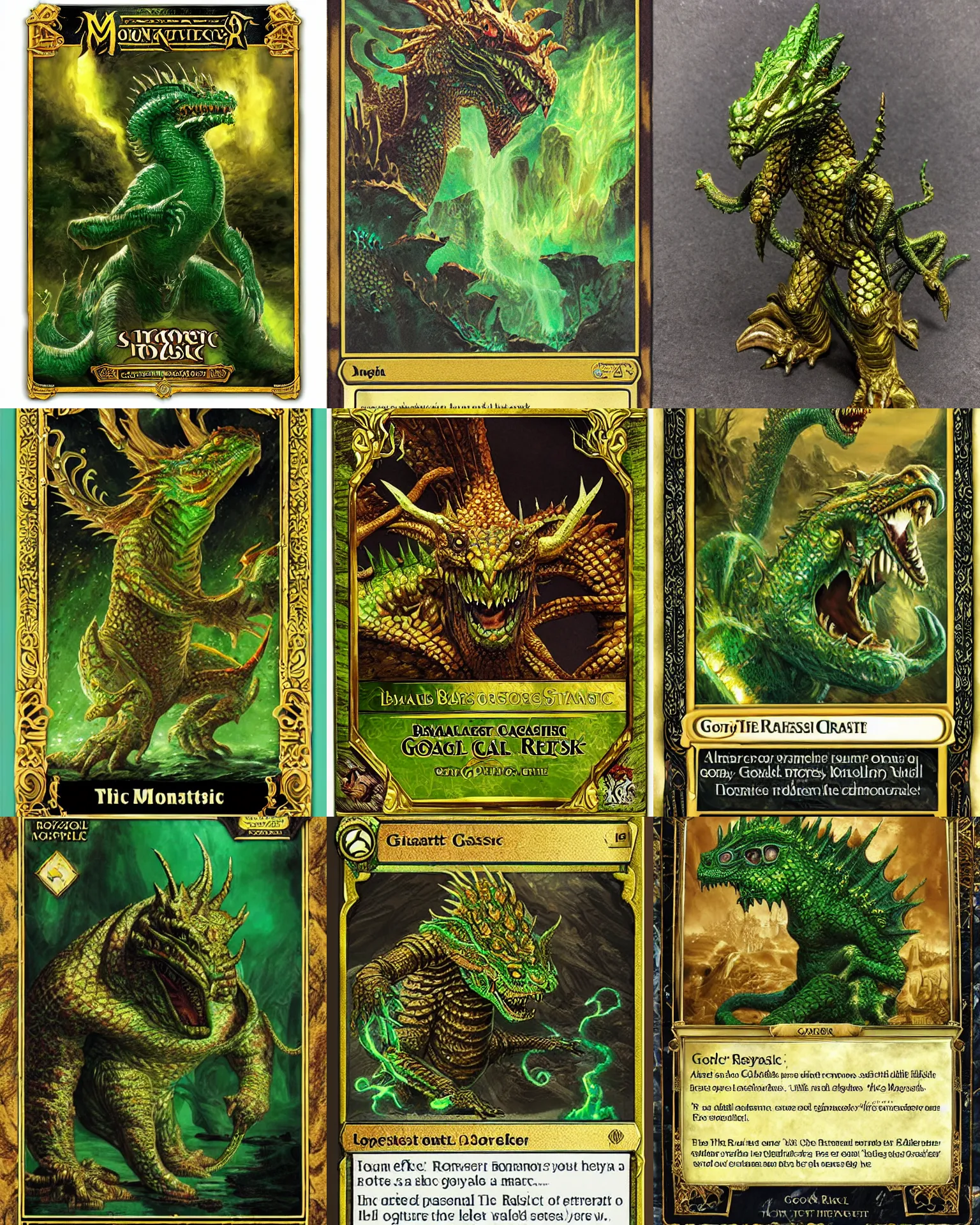 Image similar to a giant monster epic royal stone basilisk, gold green creature, magic : the gathering