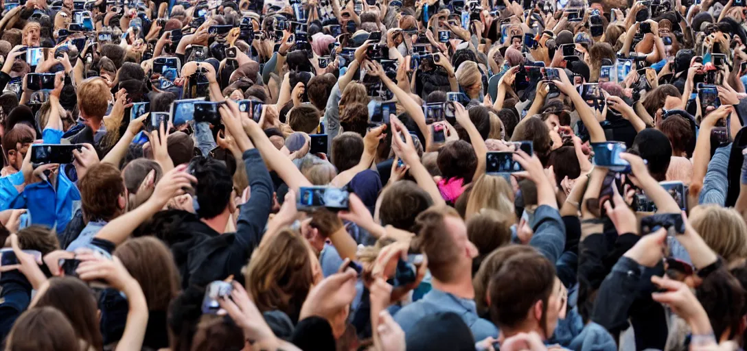 Prompt: Crowd of people taking pictures of a Nokia Phone