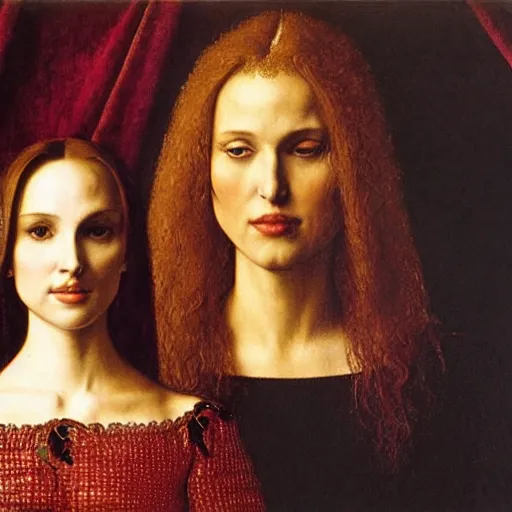 Prompt: portrait of natalie portman and scarlet johansson, by albrecht durer, jean delville, jan van eyck, da vinci, medieval palace