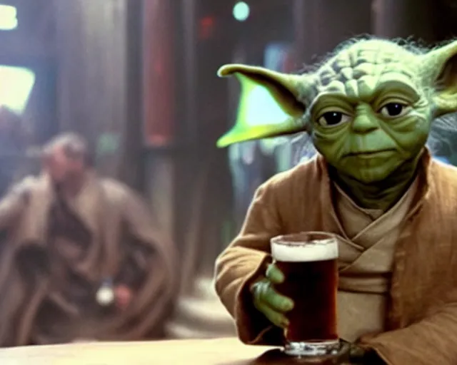 Image similar to film still of yoda drinking beer in a crowded bar in the new star wars movie 4 k