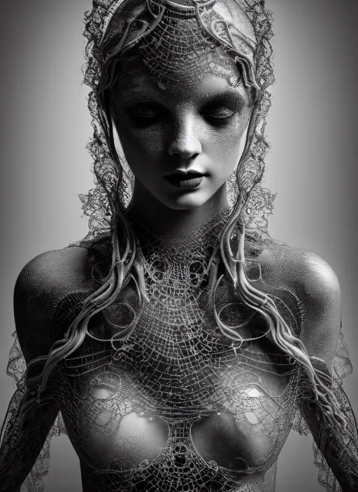 Image similar to surreal mythical dreamy dark artistic black and white fine art photo of a beautiful young female medusa - cyborg covered with lace fish scales and translucent algae, highly detailed, intricate crystal ivy jelly fish scales ornate, lace web, poetic, octane render, 8 k, photo - realistic, by man ray