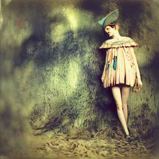 Image similar to kodak portra 4 0 0, wetplate, photo of a surreal artsy dream scene,, girl, weird fashion, grotesque, extravagant dress, carneval, animal, wtf, photographed by paolo roversi style