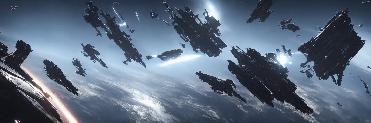 Image similar to fractured space, star citizen, caldari eve-online, volumetric lighting, large spaceship in space, starship, cinematic establishing shot