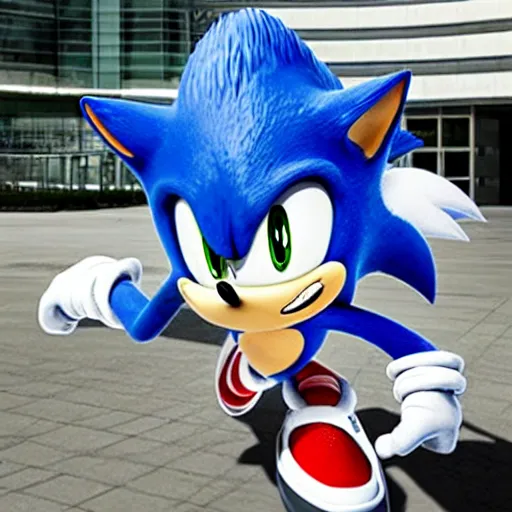 Prompt: sonic the hedgehog out the front of nintendo's offices