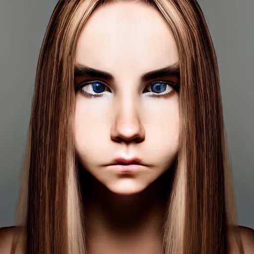 Prompt: brunette with long dyed blonde hair, small nose, smaller mouth, round shaped face, big forehead, lop eared, thin eyebrows, hazel eyes, darker skin, real life photograph