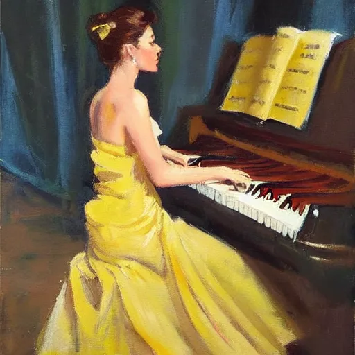 Image similar to a painting of a woman playing a piano, an acrylic painting by Raymond Leech, featured on pinterest, figurative art, oil on canvas, acrylic art, art on instagram