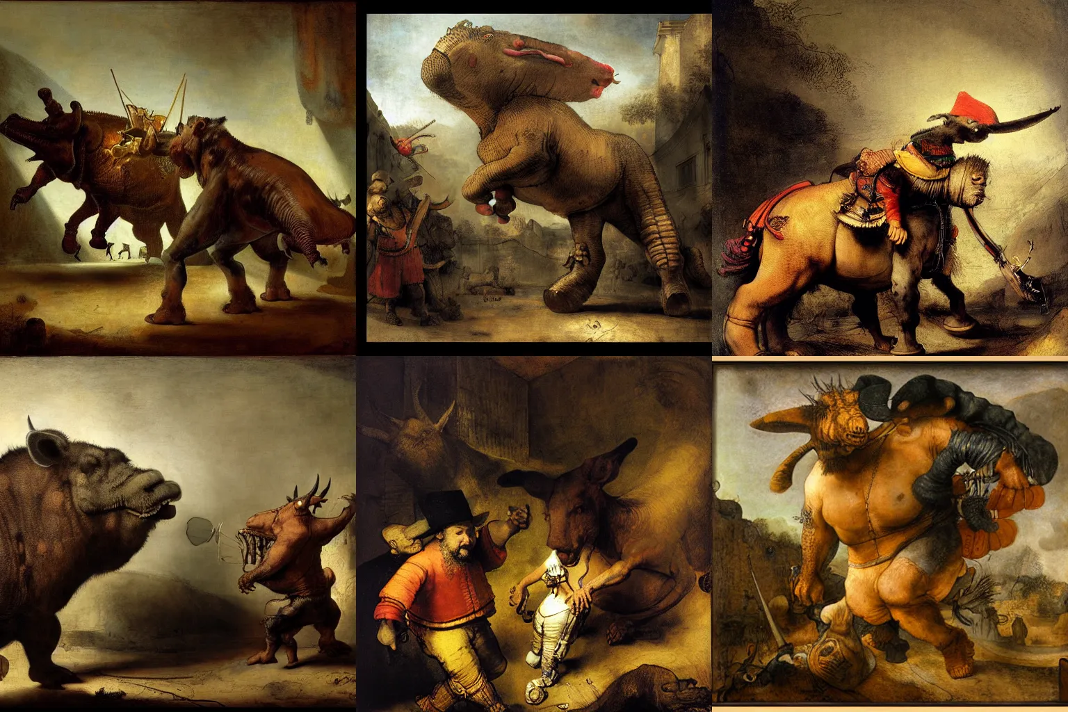 Prompt: hiphopopotamus vs. rhymenoceros by rembrandt