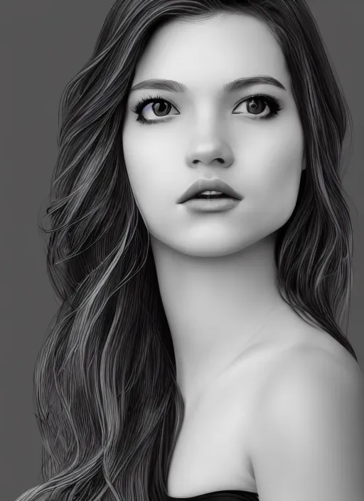 Image similar to full body portrait of a beautiful young woman in black and white, photorealistic, hair down to waist, sharp focus, in the style of Kevin Kostic, Stephen Lau and artgerm, hyper sharp focus, 8k highly detailed