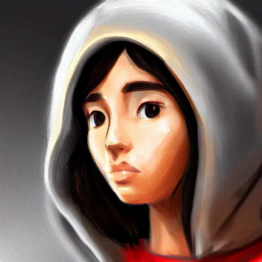 Image similar to young Latin girl with a beige hoodie, shy, focus on face, still, photograph, digital painting, trending on artstation, masterpiece, in the style of JB Casacop, pixar
