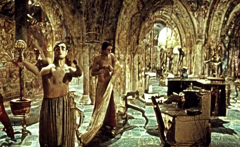 Prompt: scene from cosmologica ( 1 9 6 9 ), a movie by luchino visconti showing a man leaving the medieval cosmo to enter the new modern universe. cinematic, technicolor, direct lighting, highly detailed, highly intricate.