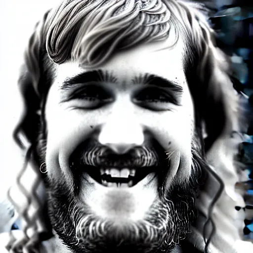 Image similar to bearded long - haired bo burnham outside of his house, smiling and dancing