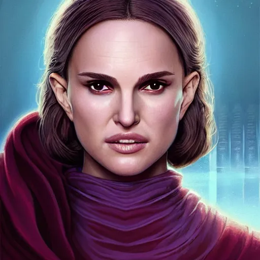 Image similar to natalie portman, three - quarter view, female, jedi master, wearing the traditional jedi robe, beautiful and uniquely odd looking, detailed symmetrical close up portrait, intricate complexity, in the style of artgerm and ilya kuvshinov, magic the gathering, star wars art,