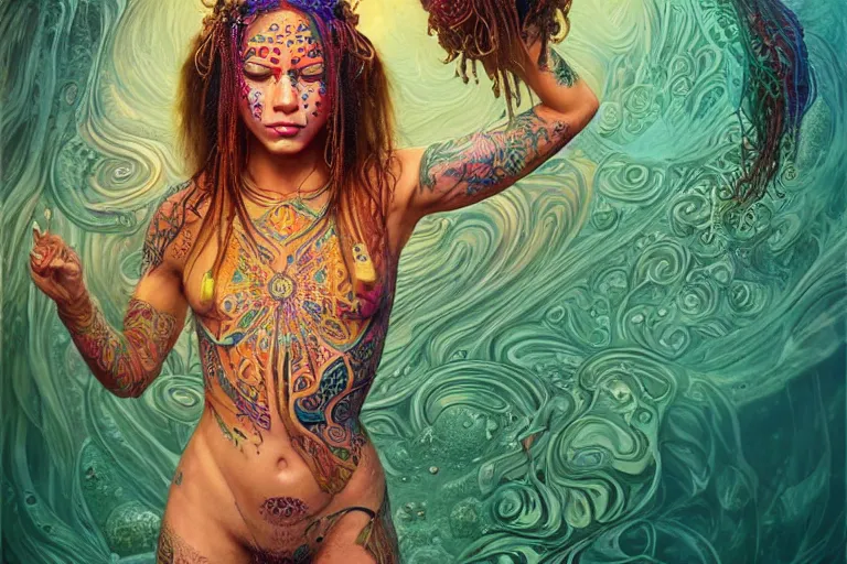 Prompt: a centered render of a alluring festival hippie with tribal tattoos surrounded by a underwater ink pour and flowing liquid galium and sacred geometry, perfect body face and hands, powerful, cinematic, beautifully lit, by artgerm, by karol bak, by donato giancola, by beeple, 3 d, trending on artstation, octane render, 8 k