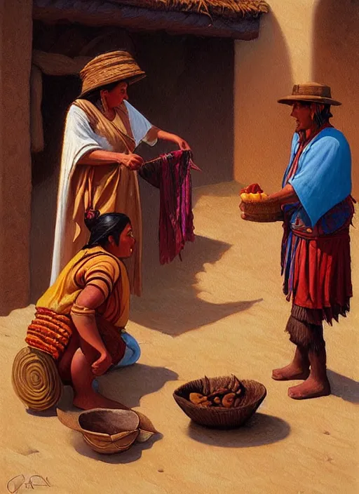 Image similar to a beautiful painting of an incan woman exchanging food and fabrics with an incan man, art by christophe vacher