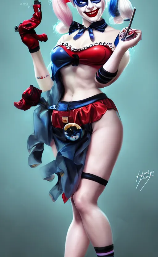 Image similar to a pin up and beautiful fashion charming dreamlke harley quinn with lv jewelry, character art, art by artgerm lau and wlop and and ilya kuvshinov and john singer sargent, hyperdetailed, 8 k realistic, symmetrical, frostbite 3 engine, cryengine, dof, trending on artstation, digital art