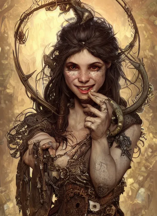 Image similar to skaven bard, beautiful detailed eyes and a bright smile, dirty, fantasy, intricate, rough, highly detailed, digital painting, 4k, HDR, concept art, smooth, sharp focus, upper body shot, illustration, art by Artgerm, H R Giger and Alphonse Mucha