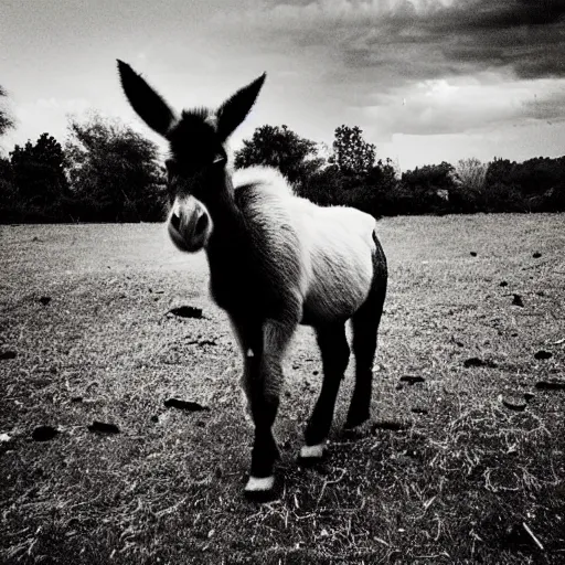 Prompt: “exploding fireworks in the night sky raining down embers and sparks and brightly burning pieces falling from the sky, a pale donkey stands in a field in the darkness. Photography. Flash photo. Cursed image.”