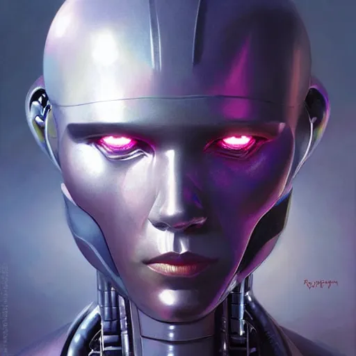 Image similar to a magical robot head, artificial intelligence, highly detailed, digital painting, mechanical details, cyber punk, smooth, sharp, beautiful face, expressive eyes, art by greg rutkowski and alex gray and boris vallejo