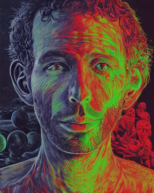 Image similar to a portrait of coldplay chris martin, from the terrifying and incomprehensible beyond, body horror, by gerard brom, zdzisław beksinski and ansel adams