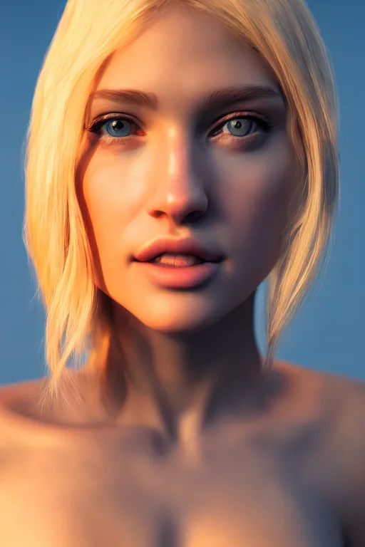 Image similar to hyperrealistic portrait of stunningly beautiful blonde girl in a dawn light, trending on artstation,ultrawide angle, f8, polarizer , unreal engine