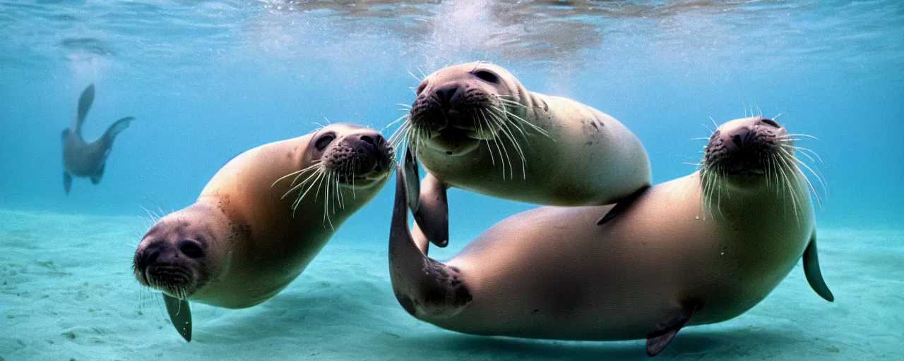 Image similar to seals eating spaghetti underwater in the ocean, canon 5 0 mm, in the style jacques cousteau, kodachrome